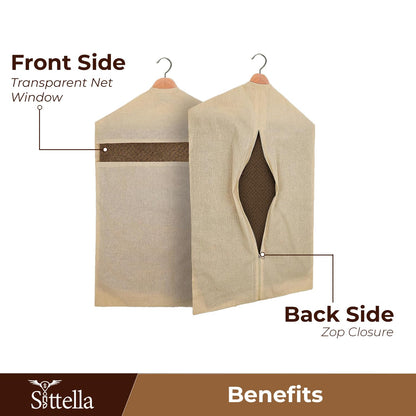 SITTELLA® Hanging Cotton Saree Covers for Storage | 30 x 18 Inches Breathable Saree Cover Bags for Clothes, Wardrobe Organizer | Dust-Proof Double Pocket | Off-White