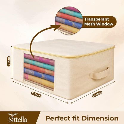 SITTELLA®  Cotton Canvas Saree Covers with Zip | 17 x 14 x 7 Inch Clothes Storage Bags for Sarees, Dresses & Lehengas | Wardrobe Organizer (Beige)