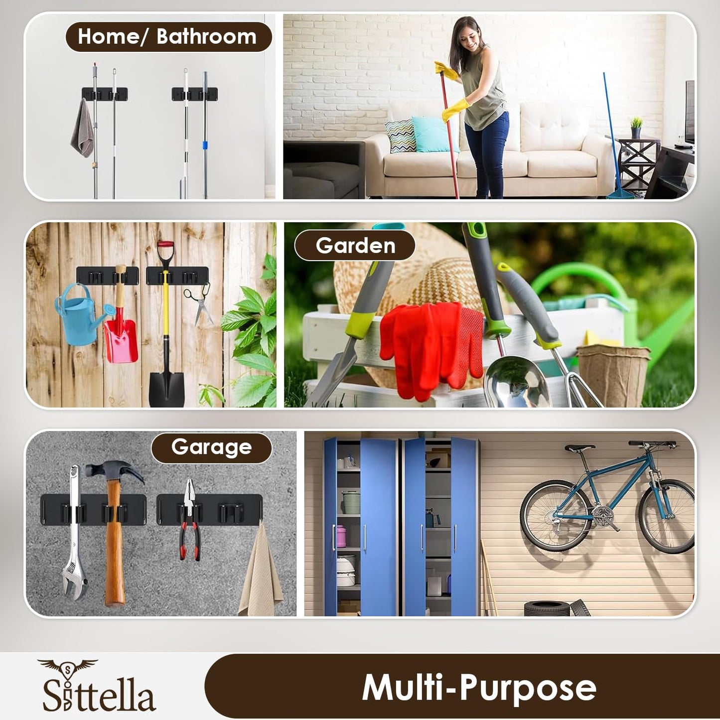 Self Adhesive Stainless Steel 2 Racks with 1 Hook Heavy Duty Wall Mounted Broom and Mop Stick Holder, for Home Kitchen Garden Laundry Garage (Black)