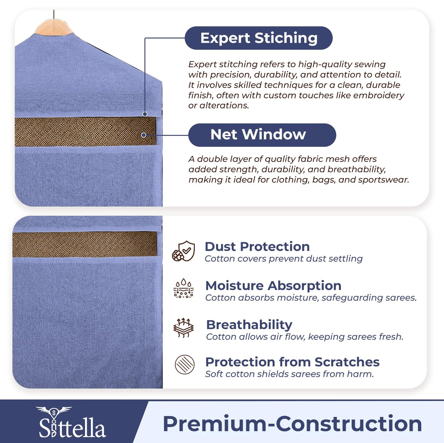 SITTELLA® Hanging Cotton Saree Covers for Storage | 30 x 18 Inches Breathable Saree Cover Bags for Clothes, Wardrobe Organizer | Dust-Proof Double Pocket | Off-White