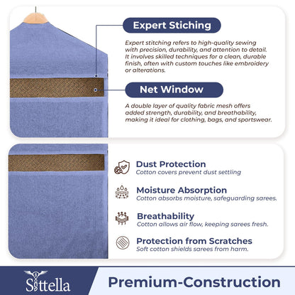 SITTELLA® Hanging Cotton Saree Covers for Storage | 30 x 18 Inches Breathable Saree Cover Bags for Clothes, Wardrobe Organizer | Dust-Proof Double Pocket | Off-White