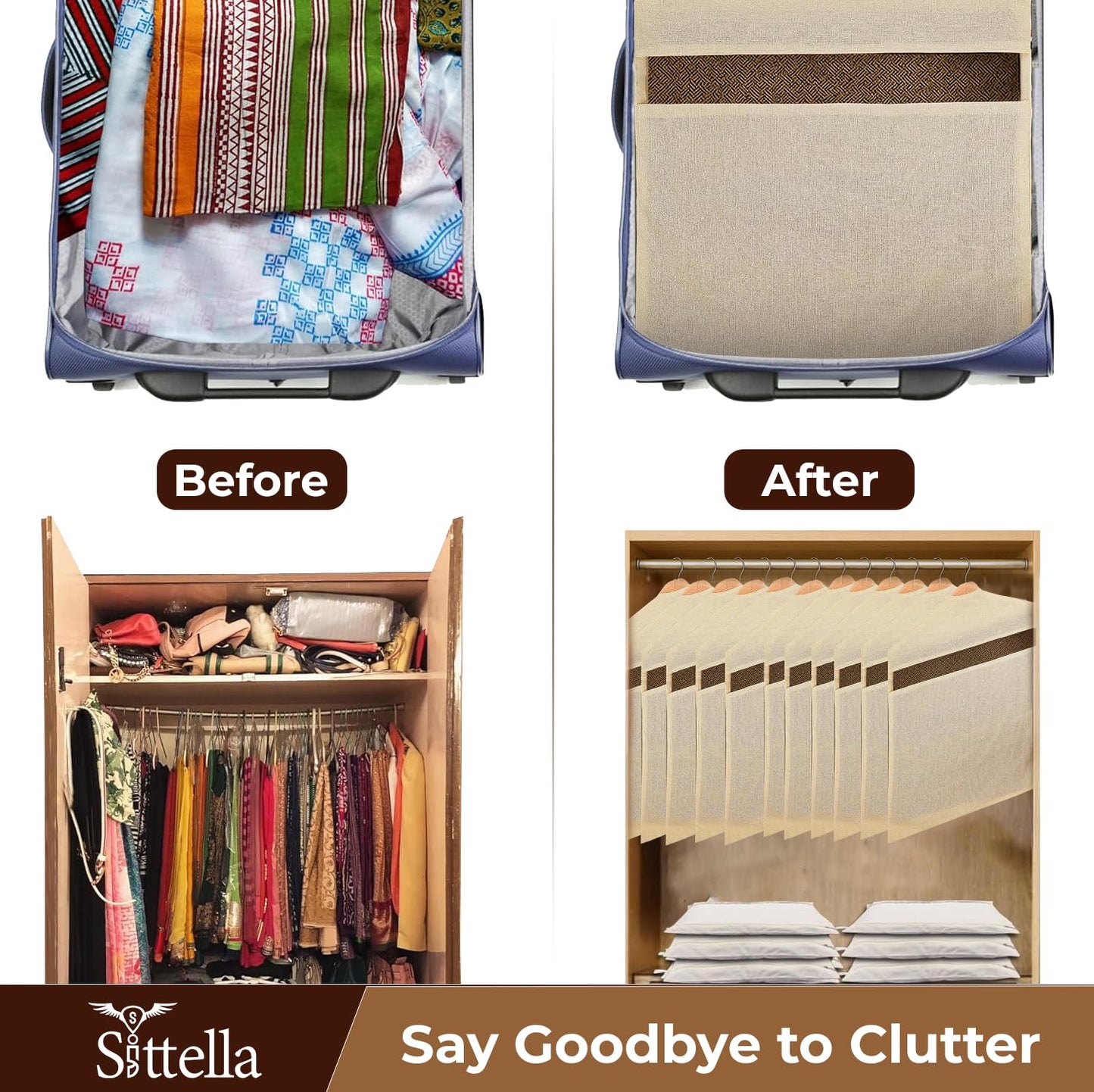 SITTELLA® Hanging Cotton Saree Covers for Storage | 30 x 18 Inches Breathable Saree Cover Bags for Clothes, Wardrobe Organizer | Dust-Proof Double Pocket | Off-White