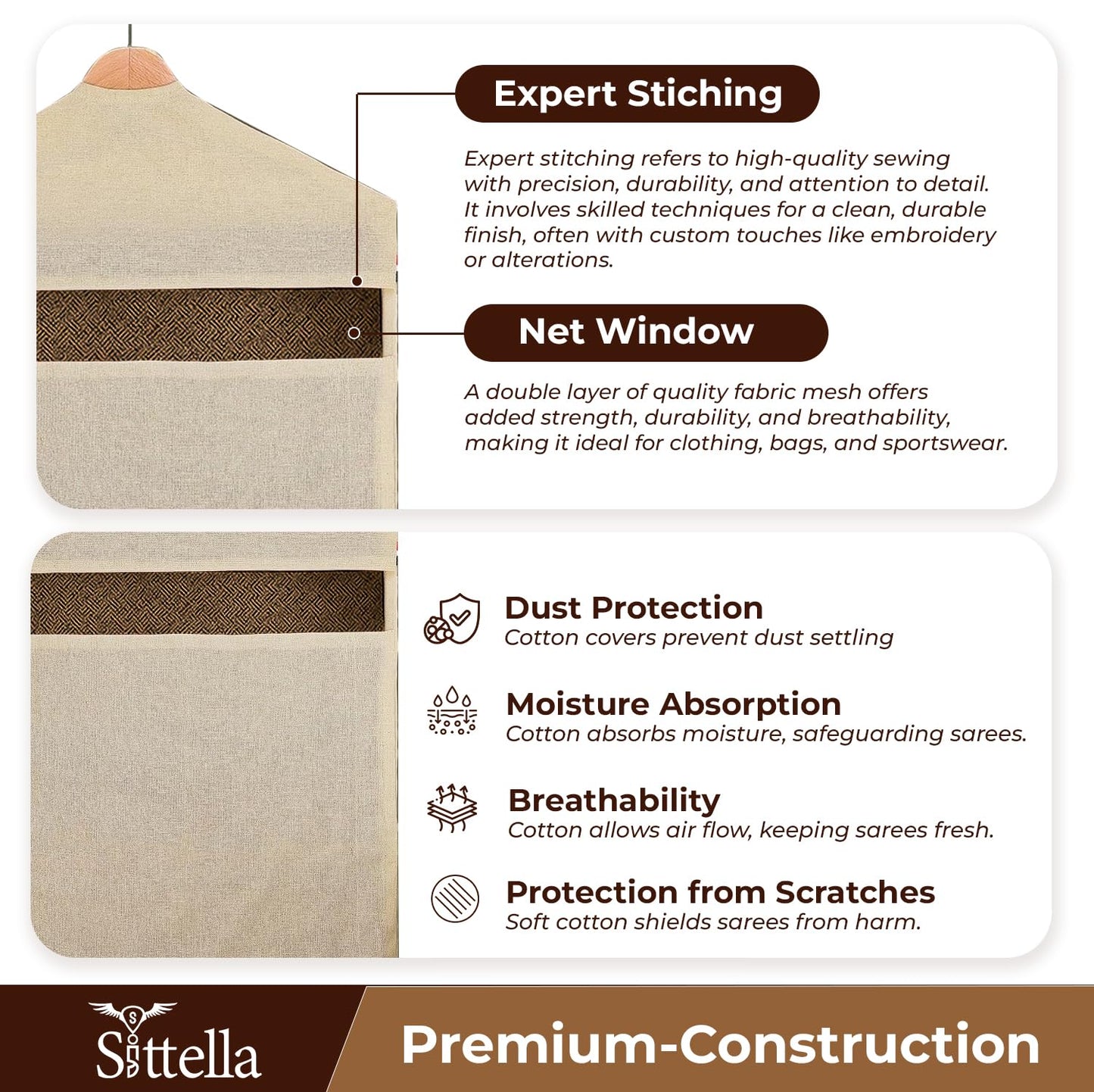 SITTELLA® Hanging Cotton Saree Covers for Storage | 30 x 18 Inches Breathable Saree Cover Bags for Clothes, Wardrobe Organizer | Dust-Proof Double Pocket | Off-White