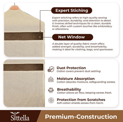 SITTELLA® Hanging Cotton Saree Covers for Storage | 30 x 18 Inches Breathable Saree Cover Bags for Clothes, Wardrobe Organizer | Dust-Proof Double Pocket | Off-White