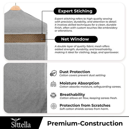 SITTELLA® Hanging Cotton Saree Covers for Storage | 30 x 18 Inches Breathable Saree Cover Bags for Clothes, Wardrobe Organizer | Dust-Proof Double Pocket | Off-White