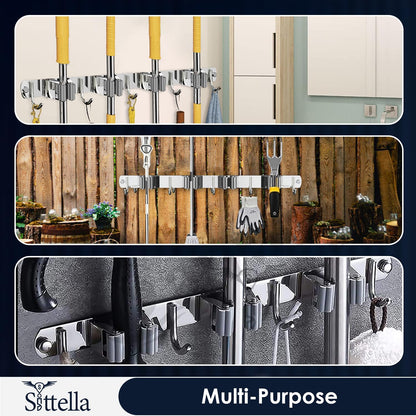 tainless Steel 4 Racks with 5 Hooks Wall Mounted Broom and Mop Stick Holder, Hanging Tools for Home Kitchen Garden Laundry Garage (Silver)