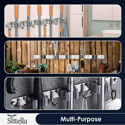 Stainless Steel 5 Racks with 6 Hooks Wall Mounted Broom and Mop Stick Holder, Hanging Tools for Home Kitchen Garden Laundry Garage (Silver)