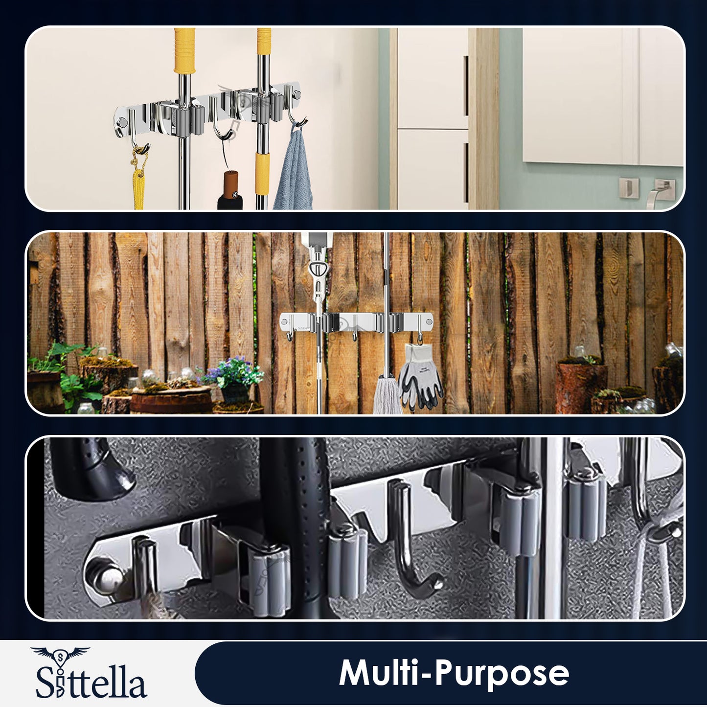 Stainless Steel 2 Racks with 3 Hooks Wall Mounted Broom and Mop Stick Holder, Hanging Tools for Home Kitchen Garden Laundry Garage (Silver)