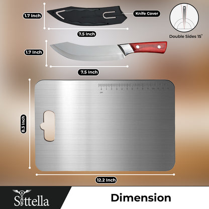 SITTELLA® Stainless Steel Chopping Board with Handle & Knife | Hygienic, Easy-Clean Cutting Board for Vegetables, Fruits & Meat | Compact Size 31×21 cm