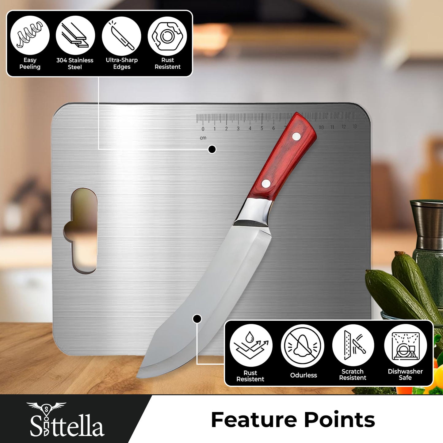 SITTELLA® Stainless Steel Chopping Board with Handle & Knife | Hygienic, Easy-Clean Cutting Board for Vegetables, Fruits & Meat | Compact Size 31×21 cm