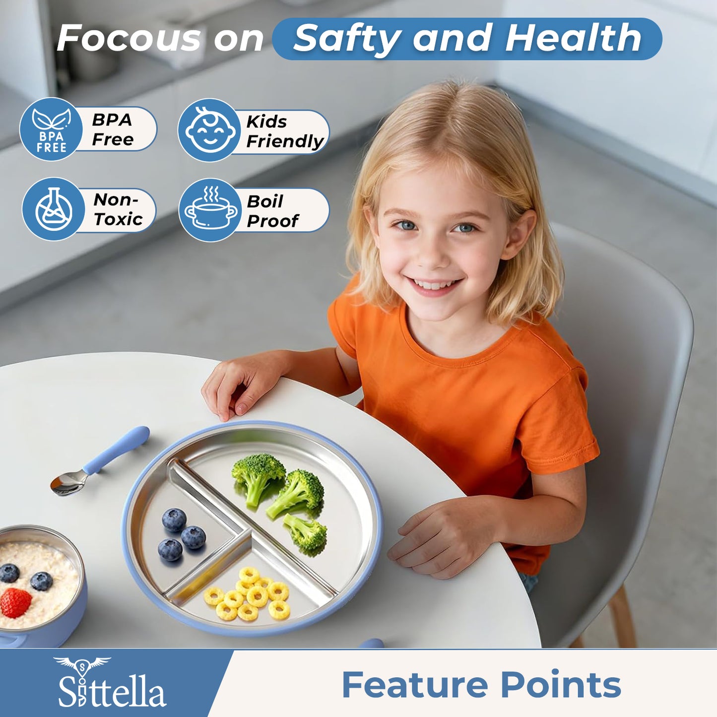 SITTELLA Stainless Steel Baby Suction Plate | Divided Toddler Feeding Plate with Strong Non-Slip Base | BPA-Free, Non-Toxic & Spill-Resistant | Blue | 1 Piece
