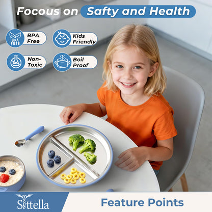 SITTELLA Stainless Steel Baby Suction Plate | Divided Toddler Feeding Plate with Strong Non-Slip Base | BPA-Free, Non-Toxic & Spill-Resistant | Blue | 1 Piece