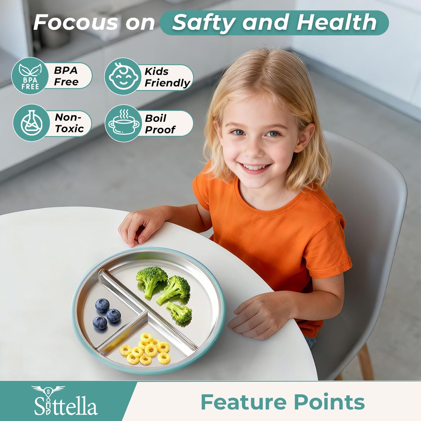 SITTELLA Stainless Steel Baby Suction Plate | Divided Toddler Feeding Plate with Strong Non-Slip Base | BPA-Free, Non-Toxic & Spill-Resistant | Pista green | 1 Piece