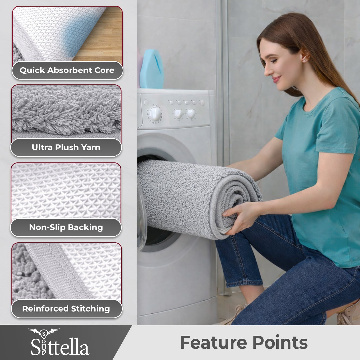 Sittella Premium Microfiber Floor Mat – Super Soft, Highly Absorbent & Quick Dry | Anti-Slip Multipurpose Mat for Bathroom, Kitchen & Bedroom (40 x 60 cm)