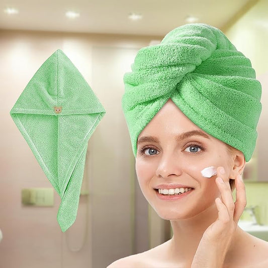 Hair Towel Wrap for Women – Quick-Dry Microfiber, Super Absorbent with Elastic Loop (Green)