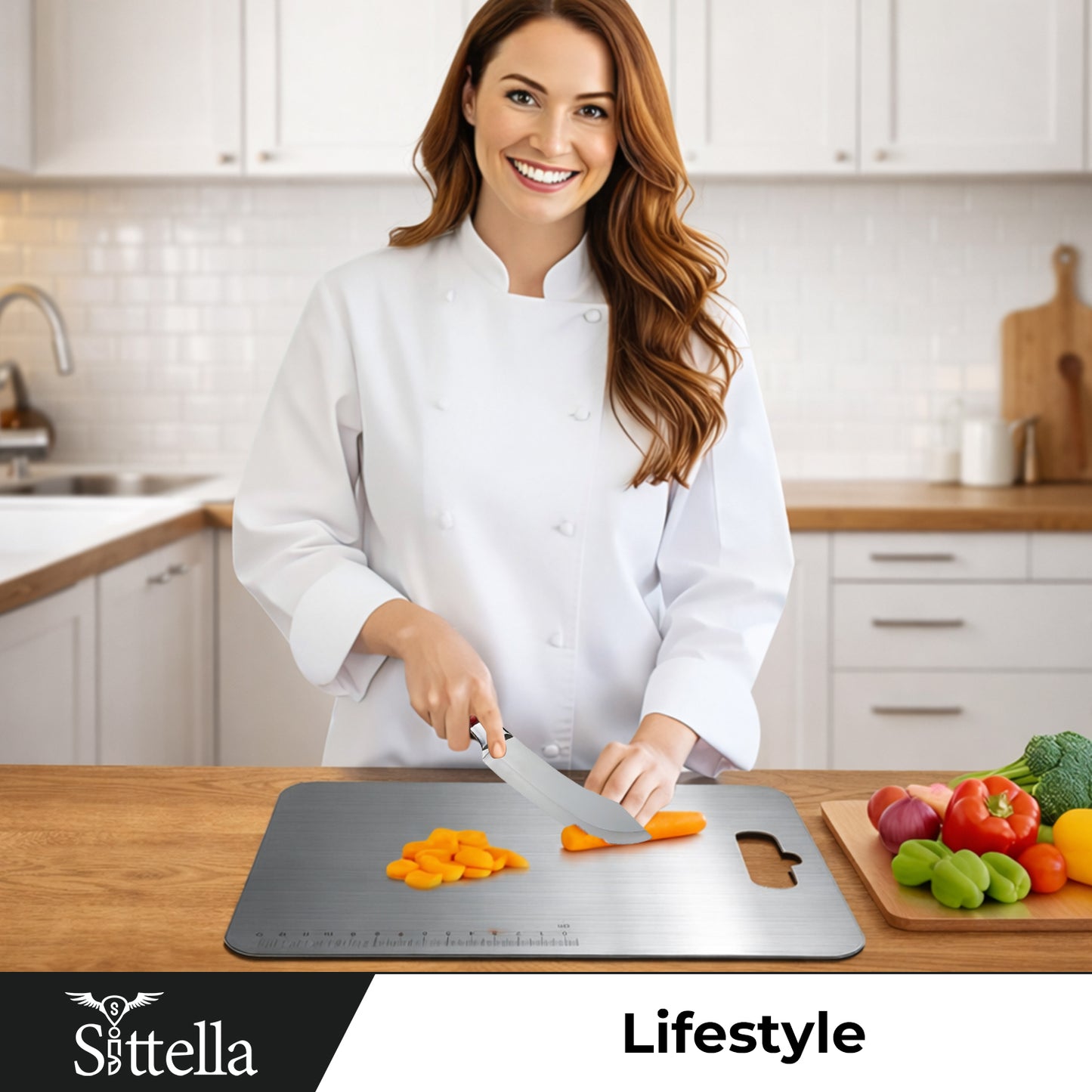 SITTELLA® Stainless Steel Chopping Board with Handle & Knife | Hygienic, Easy-Clean Cutting Board for Vegetables, Fruits & Meat | Compact Size 31×21 cm