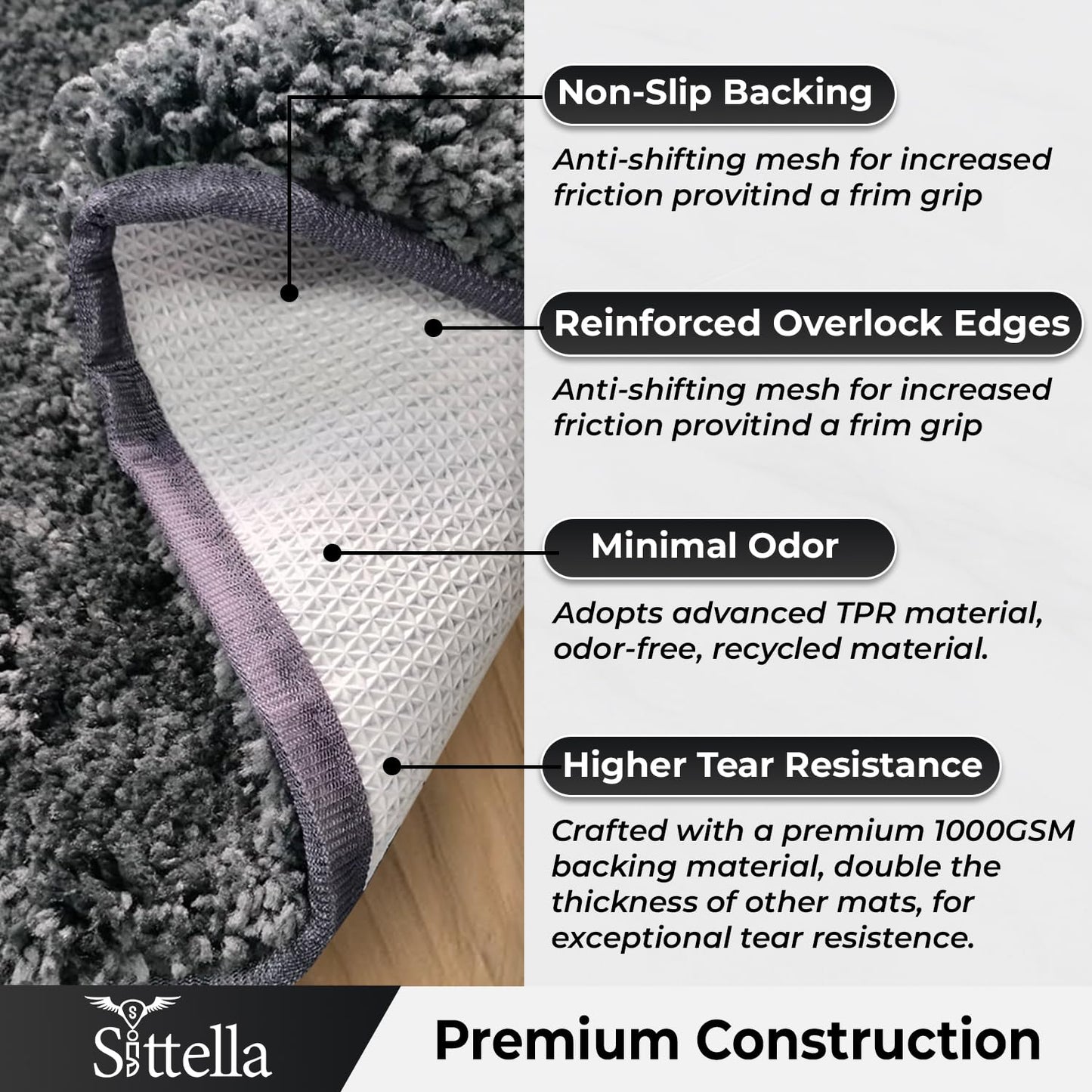 Sittella Premium 1800 GSM Microfiber Bath Mat | Super Soft, Anti-Skid & Highly Absorbent | Quick-Dry, Washable Rectangle Mat for Door,Bathroom & Kitchen 40x60