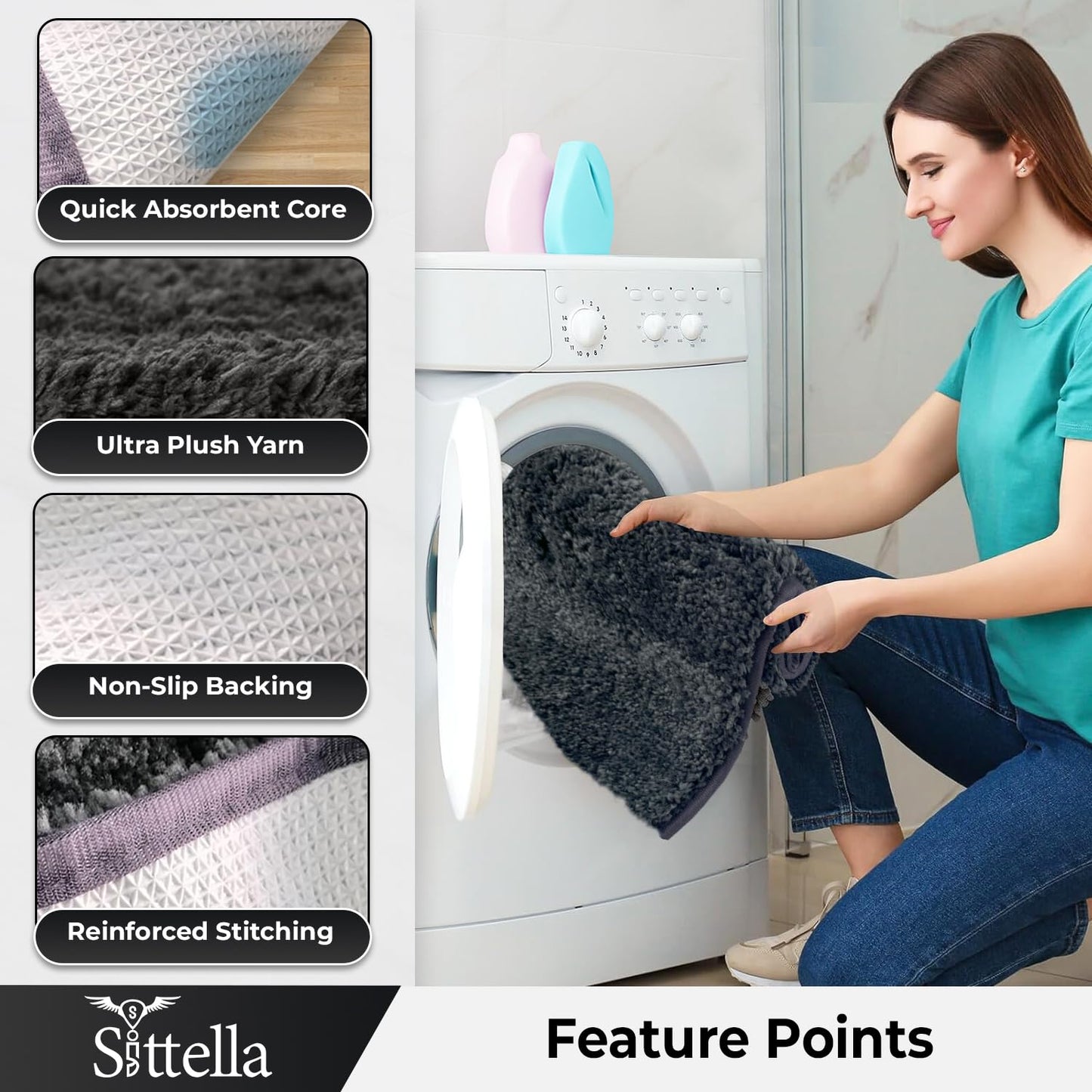 Sittella Premium 1800 GSM Microfiber Bath Mat | Super Soft, Anti-Skid & Highly Absorbent | Quick-Dry, Washable Rectangle Mat for Door,Bathroom & Kitchen 40x60
