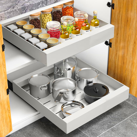 Pull-Out Cabinet Organizer - Slide-Out Drawers for Kitchen, Pantry & Bathroom (38x25 CM), White