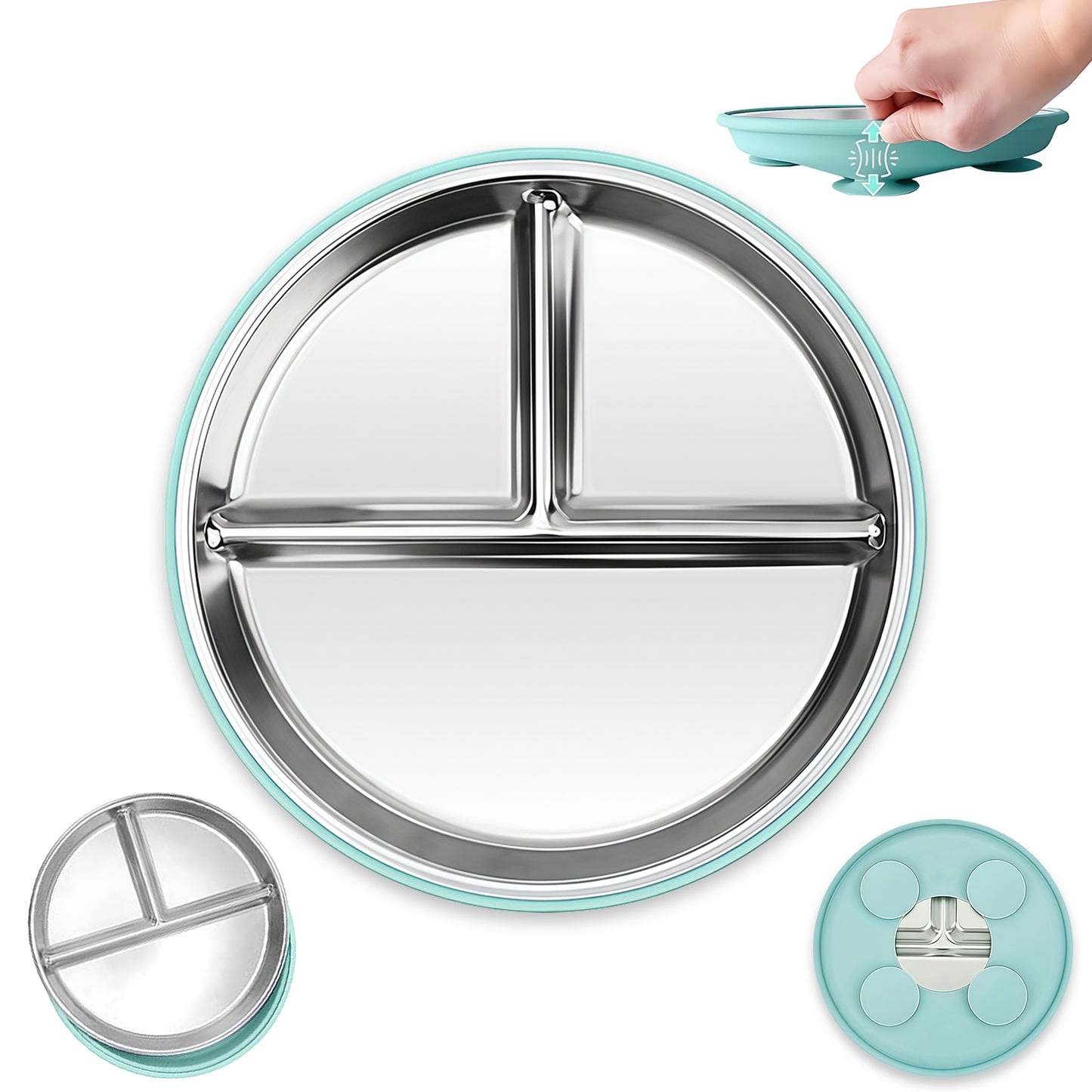 SITTELLA Stainless Steel Baby Suction Plate | Divided Toddler Feeding Plate with Strong Non-Slip Base | BPA-Free, Non-Toxic & Spill-Resistant | Blue | 1 Piece