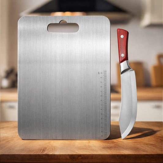 SITTELLA® Stainless Steel Chopping Board with Handle & Knife | Hygienic, Easy-Clean Cutting Board for Vegetables, Fruits & Meat | Compact Size 31×21 cm