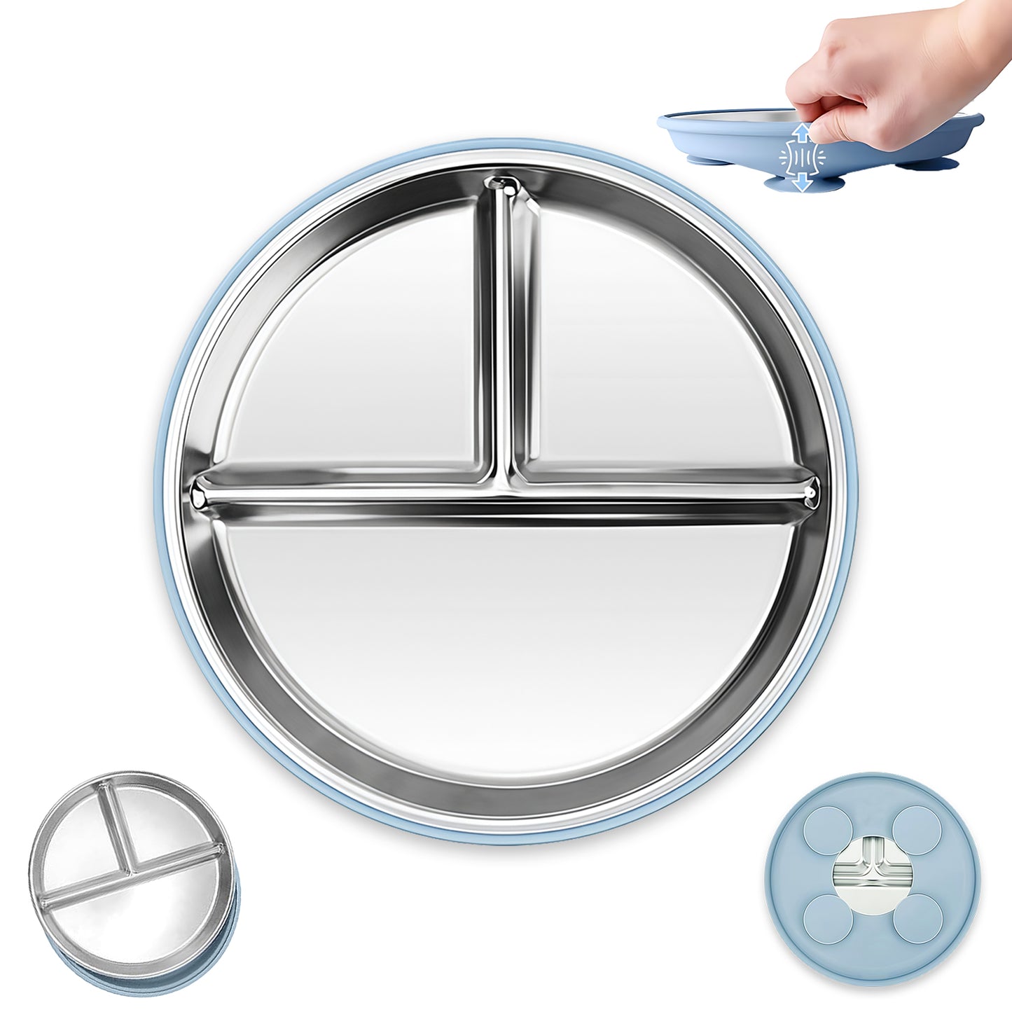 SITTELLA Stainless Steel Baby Suction Plate | Divided Toddler Feeding Plate with Strong Non-Slip Base | BPA-Free, Non-Toxic & Spill-Resistant | Blue | 1 Piece