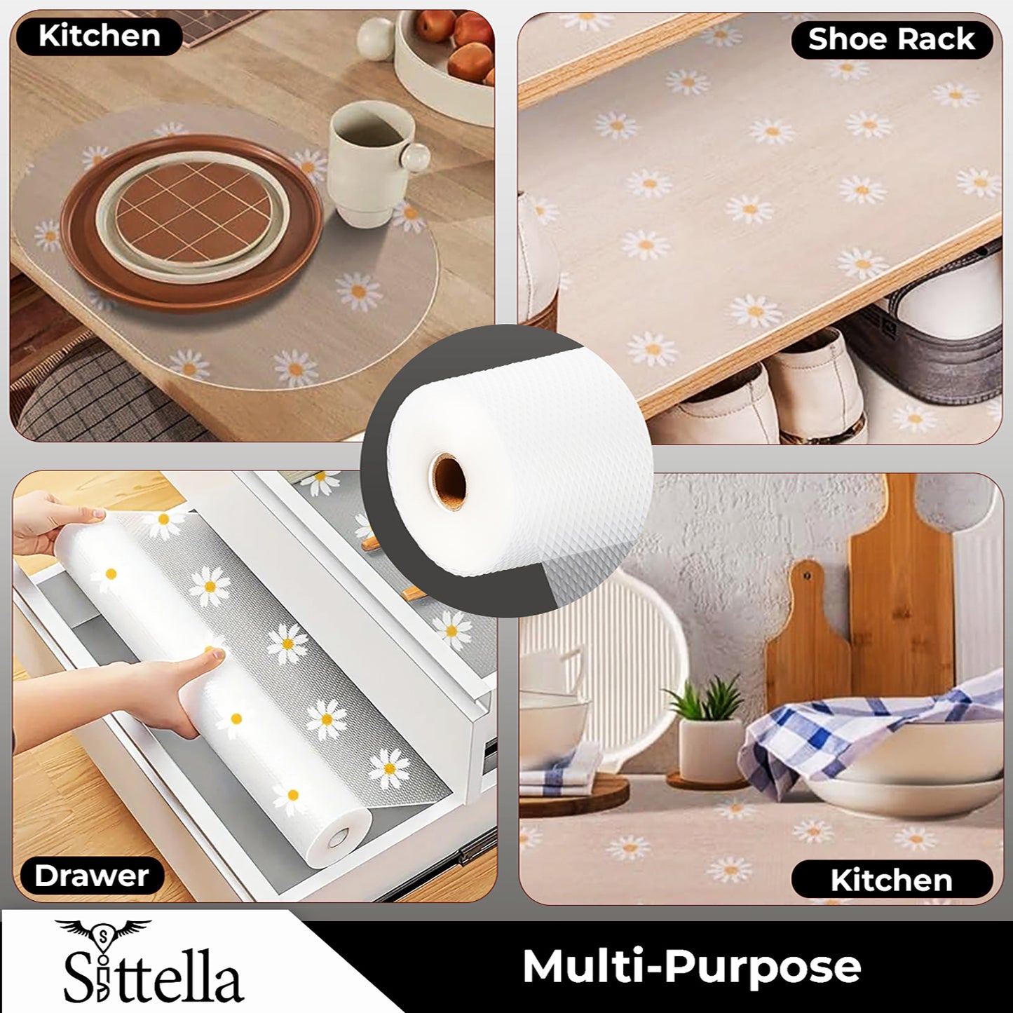 Drawer Mat Multi-Purpose EVA Non-Slip Waterproof Kitchen & Bathroom Shelf Liner (White-sunflower_