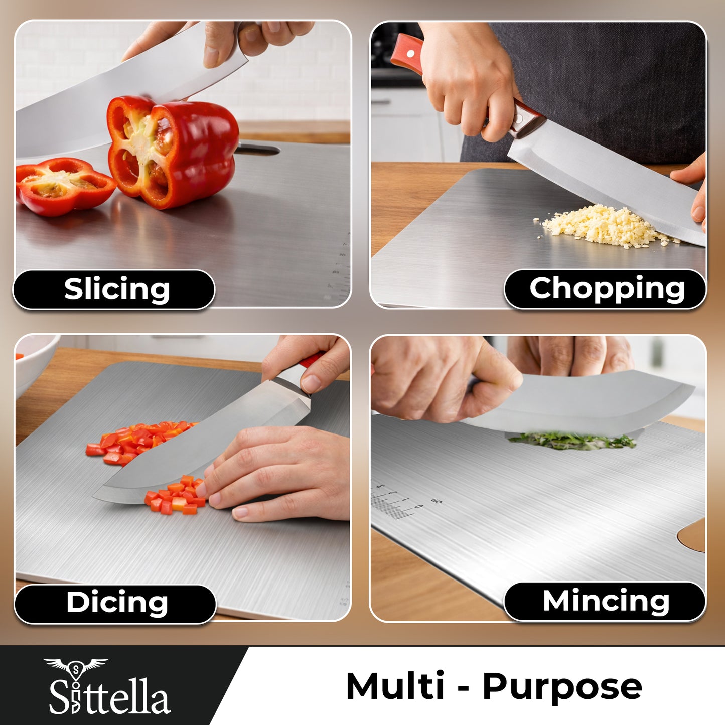 SITTELLA® Stainless Steel Chopping Board with Handle & Knife | Hygienic, Easy-Clean Cutting Board for Vegetables, Fruits & Meat | Compact Size 31×21 cm