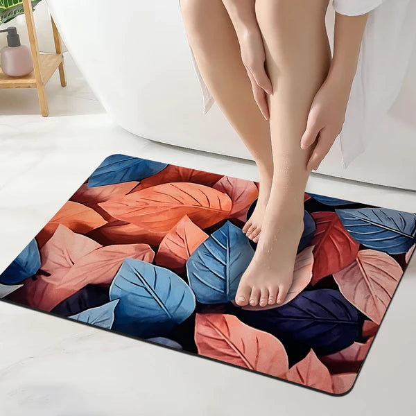3D Leaf Print Anti-Skid Water Absorbent Bathroom Mat (40x60cm) - Green Leaf Print