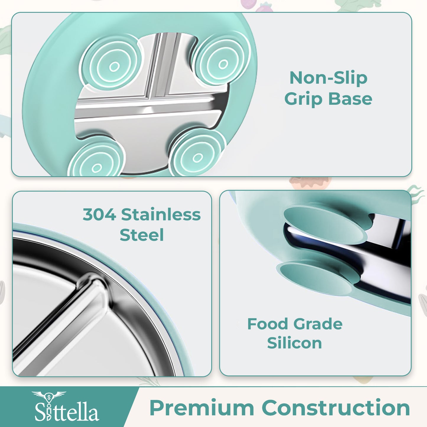 SITTELLA Stainless Steel Baby Suction Plate | Divided Toddler Feeding Plate with Strong Non-Slip Base | BPA-Free, Non-Toxic & Spill-Resistant | Pista green | 1 Piece