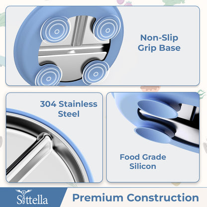 SITTELLA Stainless Steel Baby Suction Plate | Divided Toddler Feeding Plate with Strong Non-Slip Base | BPA-Free, Non-Toxic & Spill-Resistant | Blue | 1 Piece