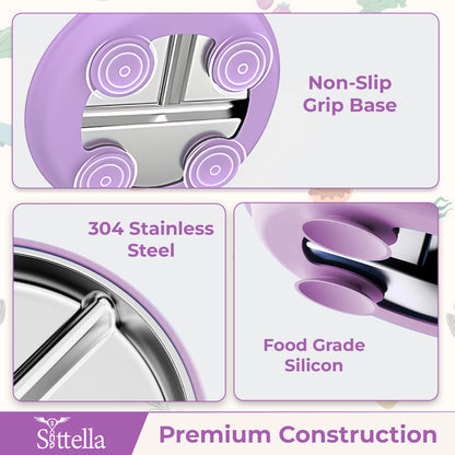 SITTELLA Stainless Steel Baby Suction Plate | Divided Toddler Feeding Plate with Strong Non-Slip Base | BPA-Free, Non-Toxic & Spill-Resistant | Purple | 1  Piece