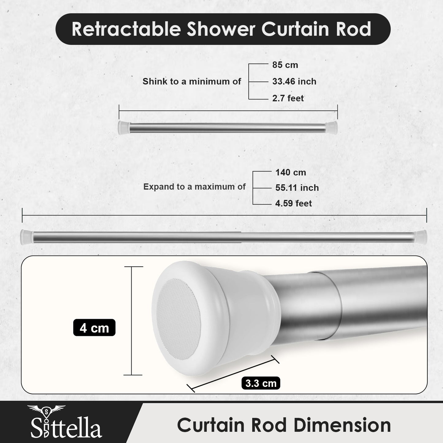 Sittella (85Cm To 140Cm) Extendable Shower Curtain Tension Rod Non-Drilling Anti-Skid Spring Pull Rod -Stainless Steel, White-Silver