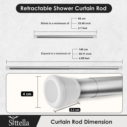 Sittella (85Cm To 140Cm) Extendable Shower Curtain Tension Rod Non-Drilling Anti-Skid Spring Pull Rod -Stainless Steel, White-Silver