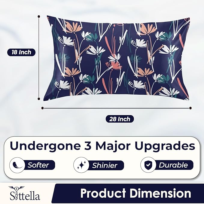 SITTELLA® Floral 600 TC Silk Pillow Covers – Set of 2 with 3 Free Satin Scrunchies – Soft Envelope Closure Pillowcases for Hair & Skin – 72x46 cm (Blue Flower)