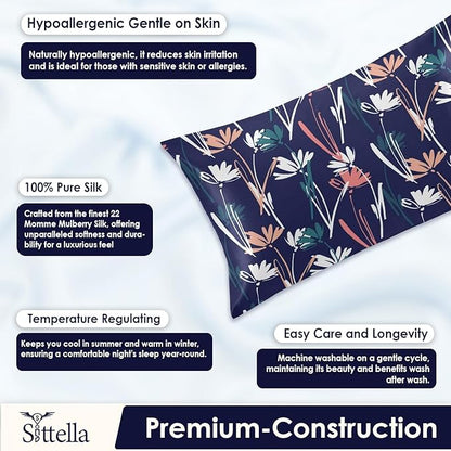 SITTELLA® Floral 600 TC Silk Pillow Covers – Set of 2 with 3 Free Satin Scrunchies – Soft Envelope Closure Pillowcases for Hair & Skin – 72x46 cm (Blue Flower)