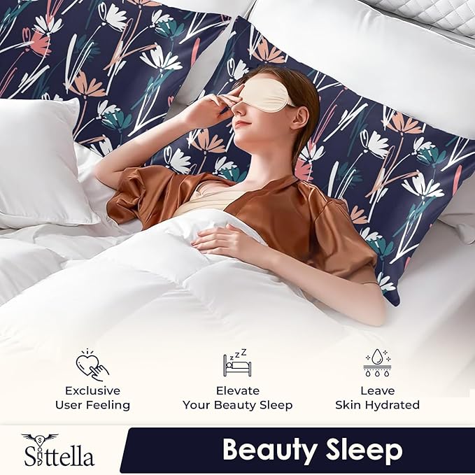 SITTELLA® Floral 600 TC Silk Pillow Covers – Set of 2 with 3 Free Satin Scrunchies – Soft Envelope Closure Pillowcases for Hair & Skin – 72x46 cm (Blue Flower)