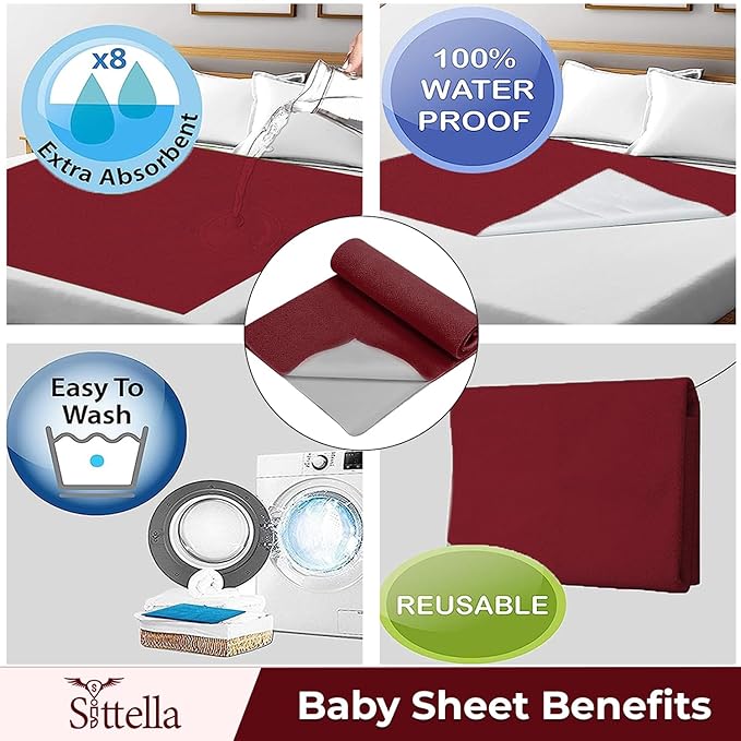 SITTELLA® Baby Waterproof Mattress Protector Sheet 70×50 cm – Quick Dry Washable (Maroon)