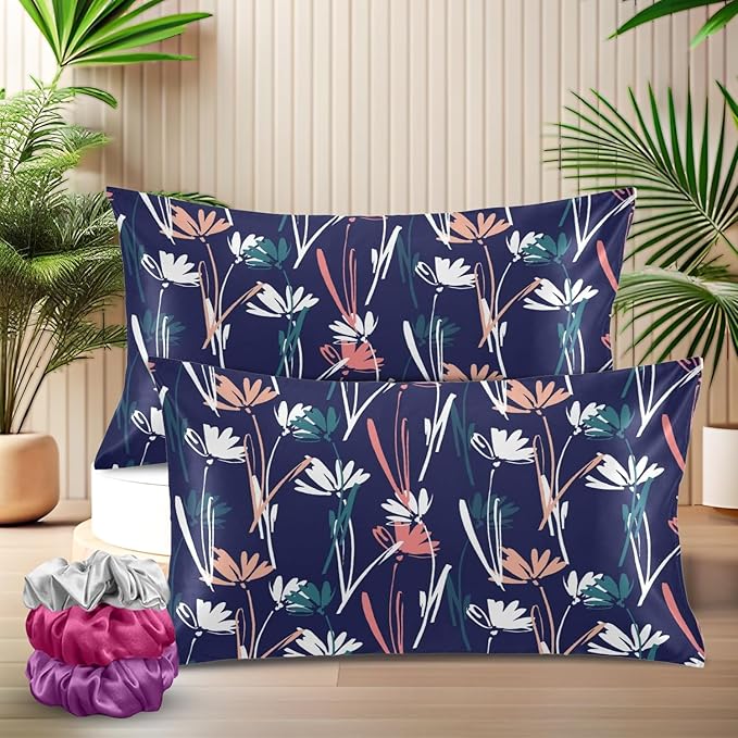SITTELLA® Floral 600 TC Silk Pillow Covers – Set of 2 with 3 Free Satin Scrunchies – Soft Envelope Closure Pillowcases for Hair & Skin – 72x46 cm (Blue Flower)