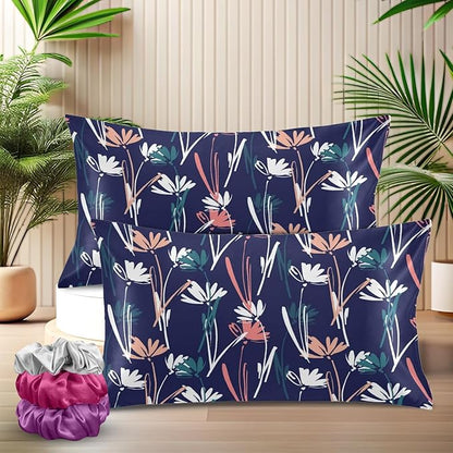 SITTELLA® Floral 600 TC Silk Pillow Covers – Set of 2 with 3 Free Satin Scrunchies – Soft Envelope Closure Pillowcases for Hair & Skin – 72x46 cm (Blue Flower)
