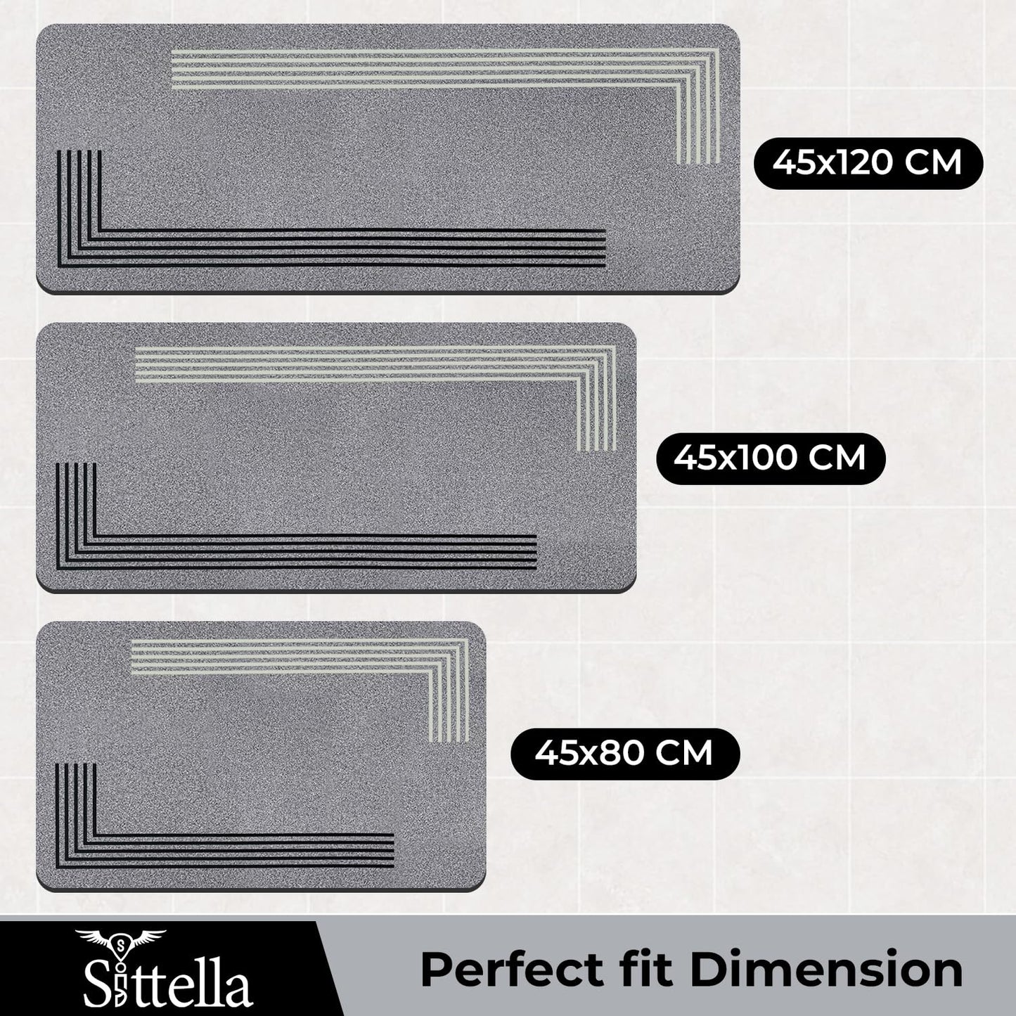 SITTELLA® Rubber Anti-Skid Kitchen Mat 45x120 cm (Grey) Water Absorbent Floor Rug, Quick Dry Carpet for Home & Kitchen