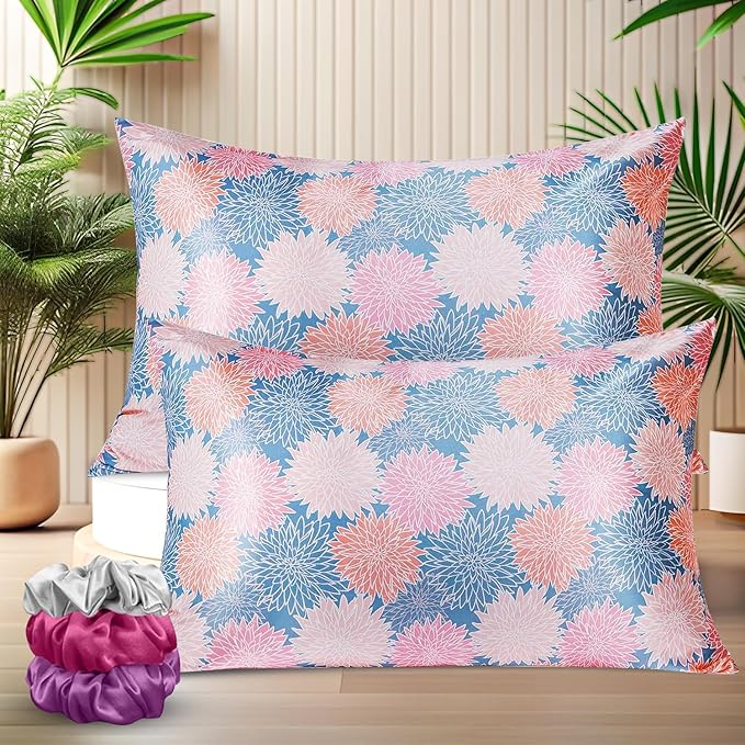 SITTELLA® Floral 600 TC Silk Pillow Covers – Set of 2 with 3 Free Satin Scrunchies – Soft Envelope Closure Pillowcases for Hair & Skin – 72x46 cm (Blue Flower)