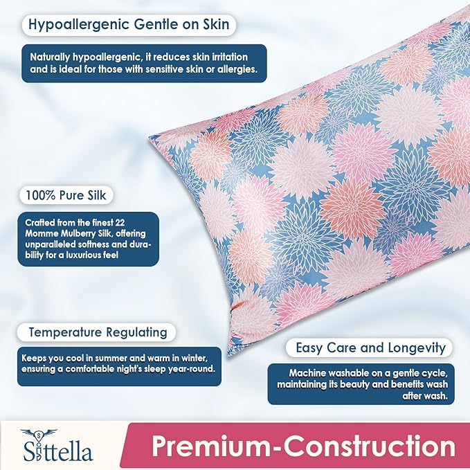 SITTELLA® Floral 600 TC Silk Pillow Covers – Set of 2 with 3 Free Satin Scrunchies – Soft Envelope Closure Pillowcases for Hair & Skin – 72x46 cm (Marigold)