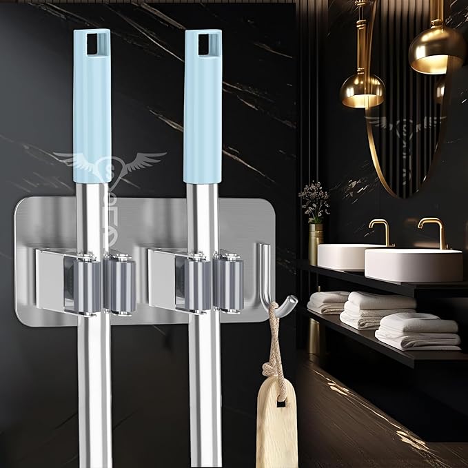 Self Adhesive Stainless Steel 2 Racks with 1 Hook Heavy Duty Wall Mounted Broom and Mop Stick Holder, for Home Kitchen Garden Laundry Garage (Black)