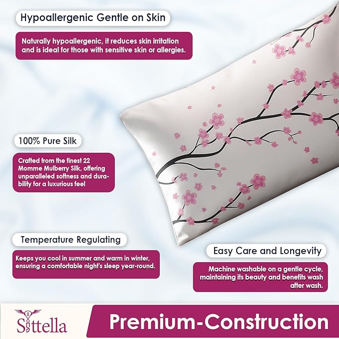 SITTELLA® Floral 600 TC Silk Pillow Covers – Set of 2 with 3 Free Satin Scrunchies – Soft Envelope Closure Pillowcases for Hair & Skin – 72x46 cm (White-Flower)