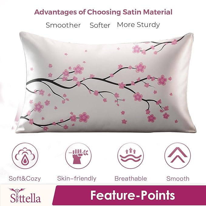 SITTELLA® Floral 600 TC Silk Pillow Covers – Set of 2 with 3 Free Satin Scrunchies – Soft Envelope Closure Pillowcases for Hair & Skin – 72x46 cm (White-Flower)