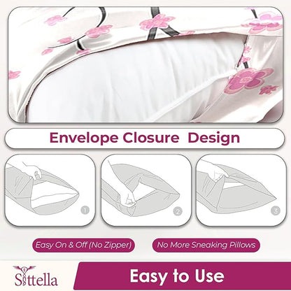 SITTELLA® Floral 600 TC Silk Pillow Covers – Set of 2 with 3 Free Satin Scrunchies – Soft Envelope Closure Pillowcases for Hair & Skin – 72x46 cm (White-Flower)