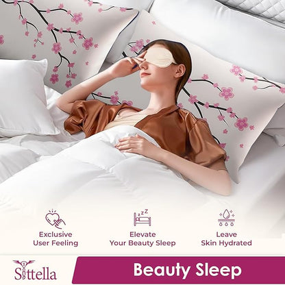 SITTELLA® Floral 600 TC Silk Pillow Covers – Set of 2 with 3 Free Satin Scrunchies – Soft Envelope Closure Pillowcases for Hair & Skin – 72x46 cm (White-Flower)